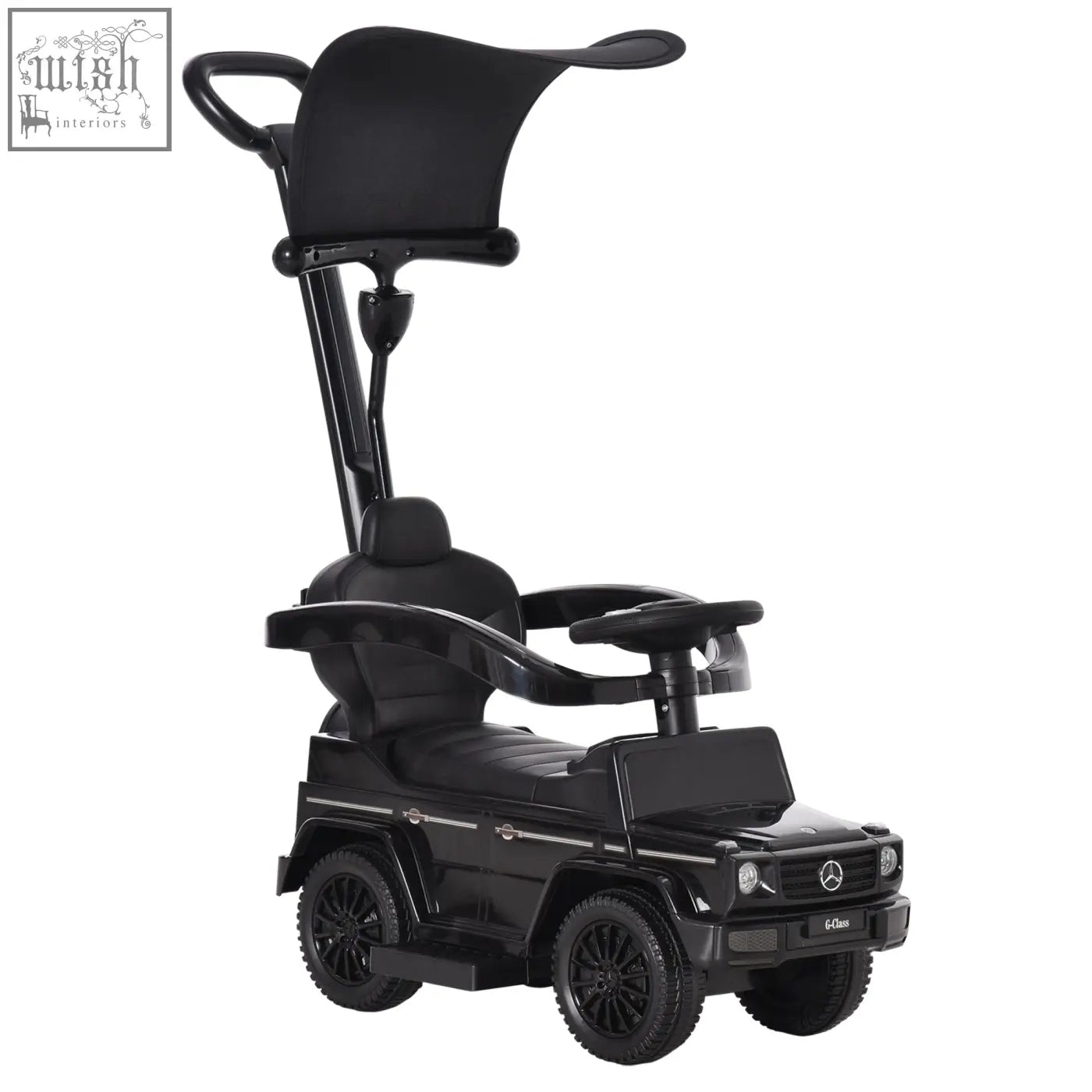 Black mercedes-benz g-class sliding car toddler ride on with canopy handle and moving steering wheel no power manual