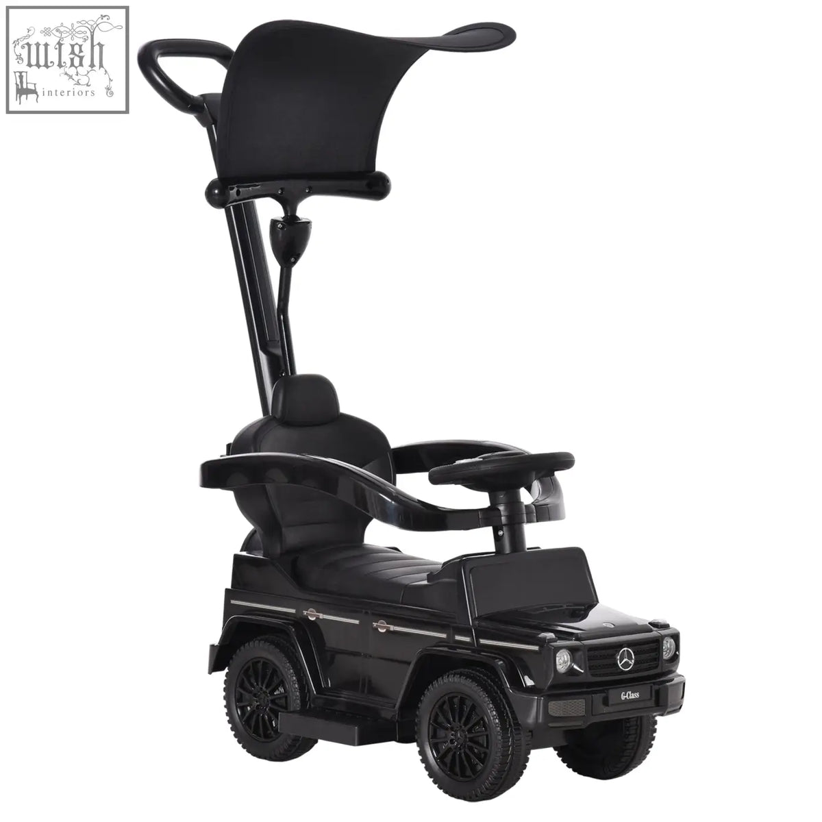 Black mercedes-benz g-class sliding car toddler ride on with canopy handle and moving steering wheel no power manual