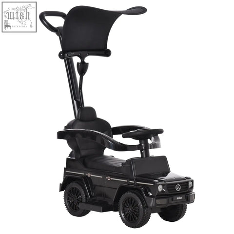 Black mercedes-benz g-class sliding car toddler ride on with canopy handle and moving steering wheel no power manual