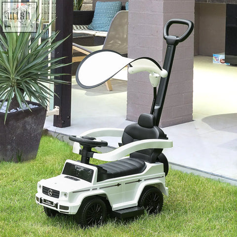 White and black mercedes-benz g-wagon themed kids ride-on sliding car with moving steering wheel and faux leather seat