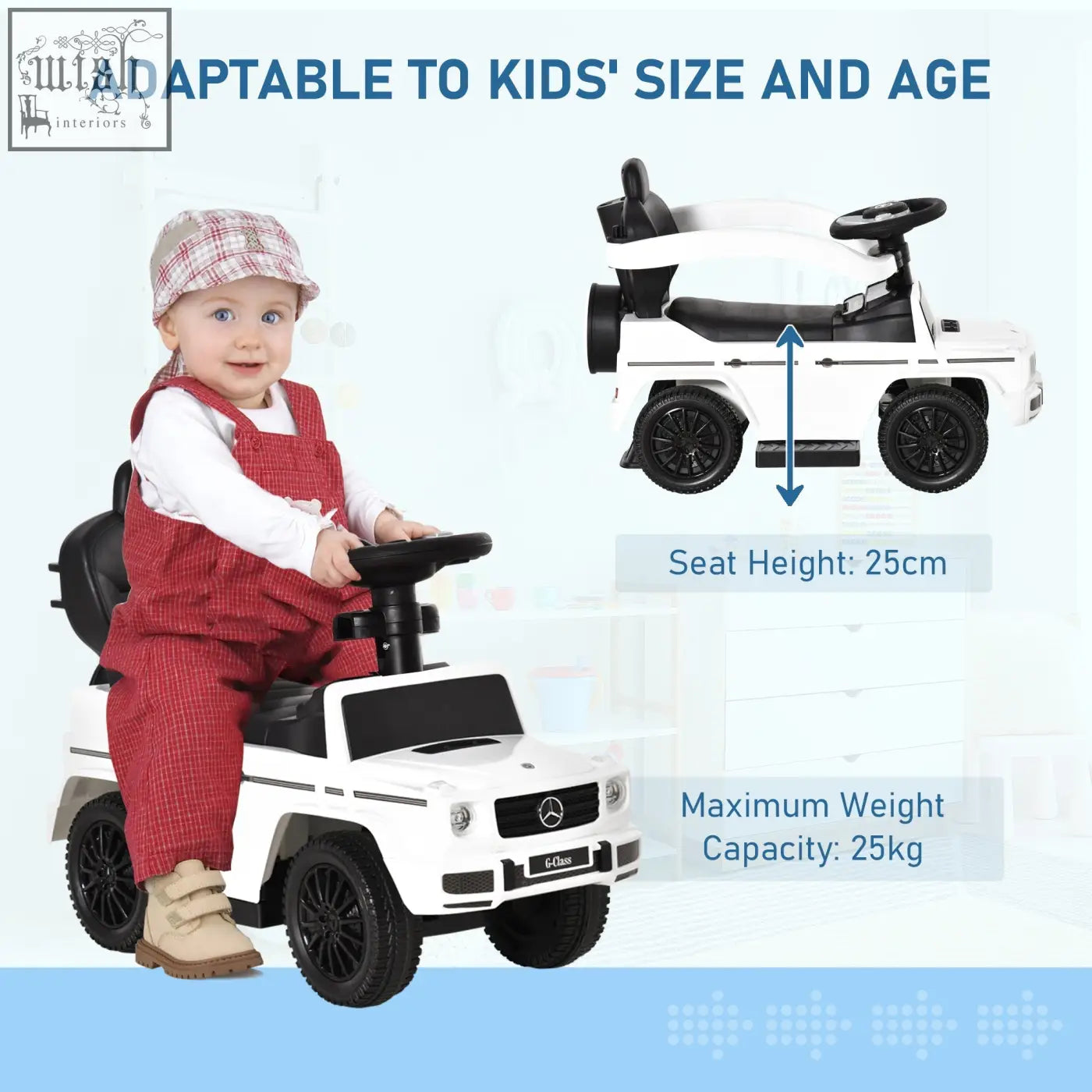 White mercedes-benz g-class kids ride-on sliding car with black wheels and moving steering wheel manual push toy