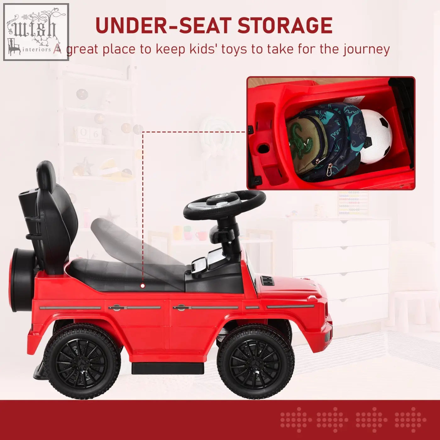 Red homcom 3 in 1 kids sliding car with moving steering wheel designed like mercedes g-wagon black seats and wheels