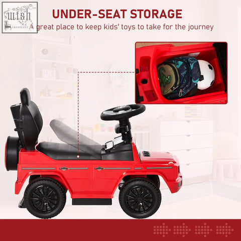 Red homcom 3 in 1 kids sliding car with moving steering wheel designed like mercedes g-wagon black seats and wheels