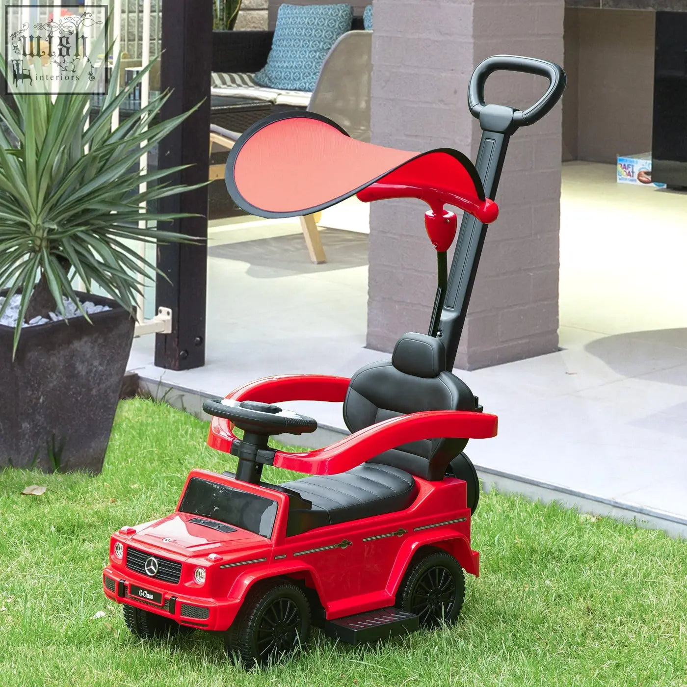 Red and black mercedes g-wagon-themed toddler sliding car with canopy and moving steering wheel for kids play