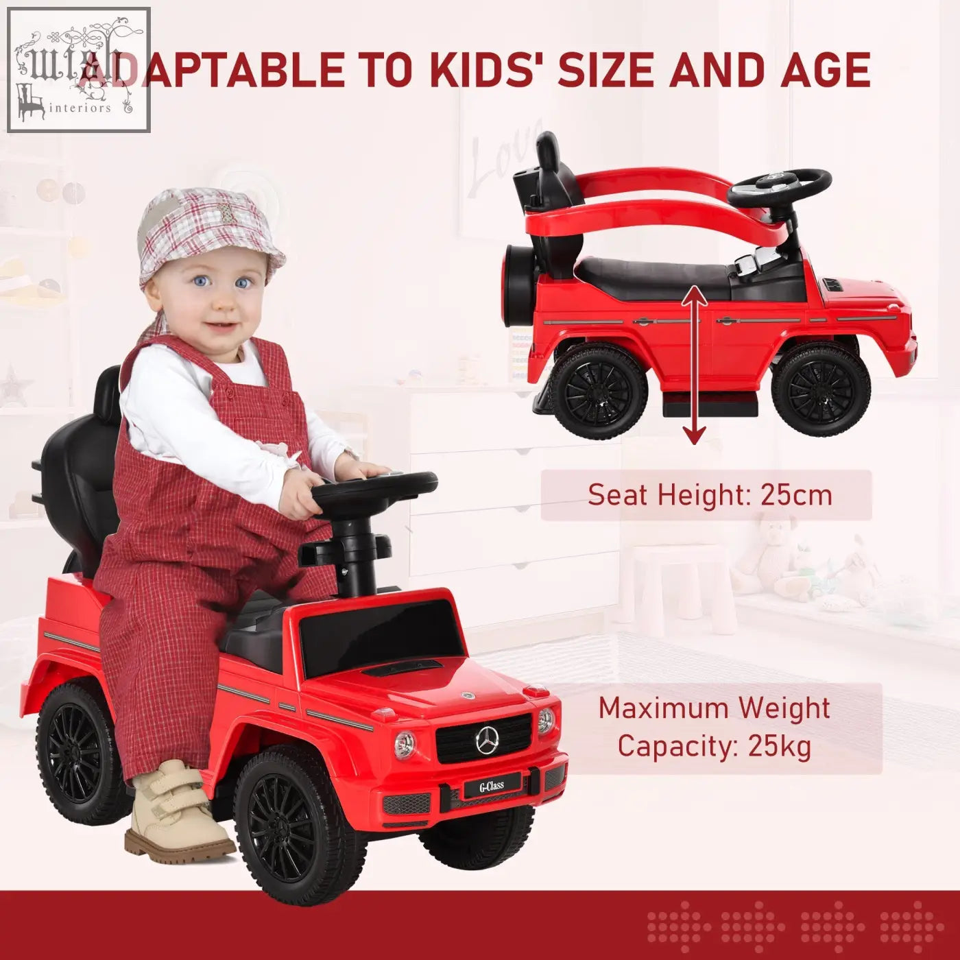 Red mercedes-benz g-wagon style kids ride on sliding car with moving steering wheel and push along manual design