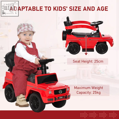 Red mercedes-benz g-wagon style kids ride on sliding car with moving steering wheel and push along manual design