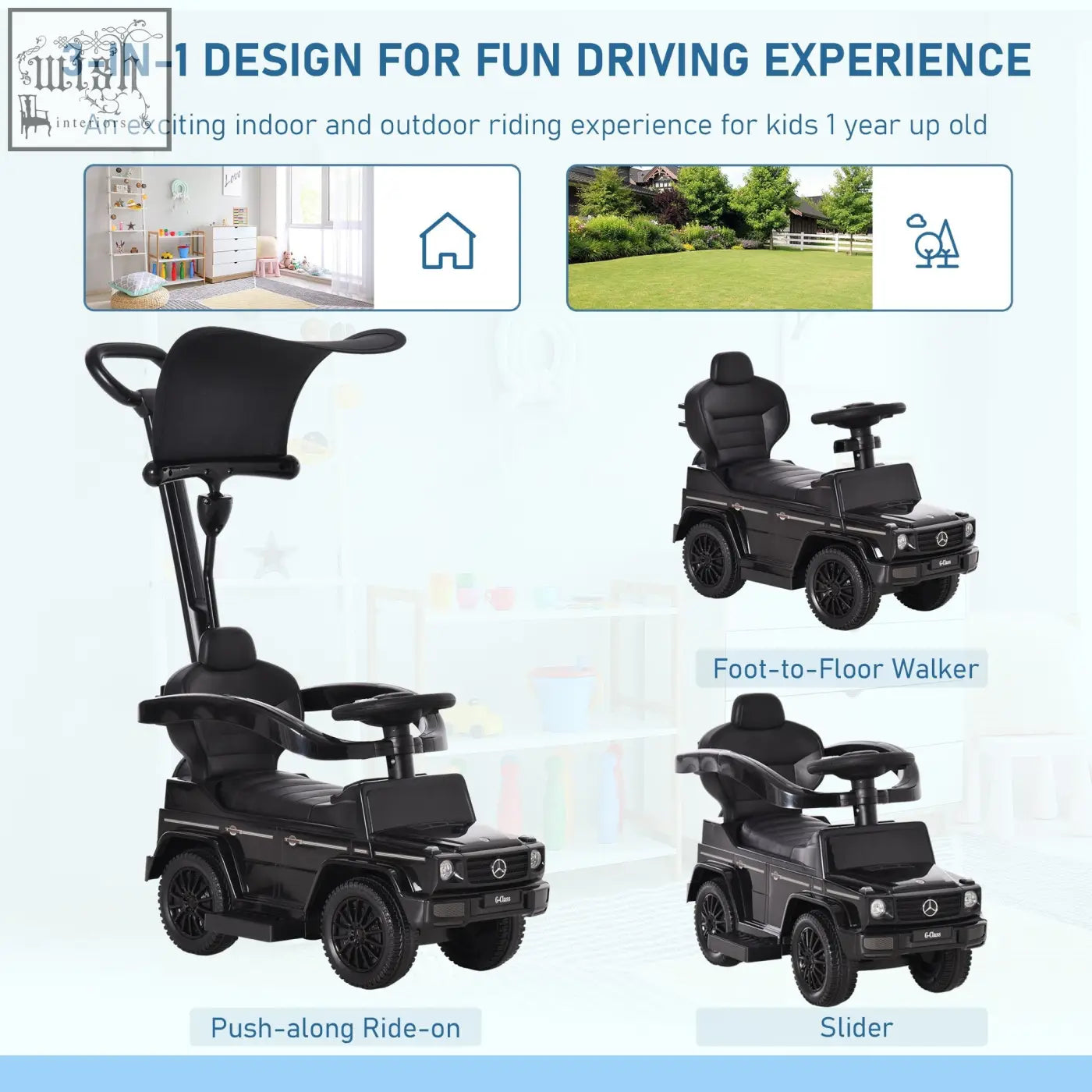 Black mercedes-benz g-wagon themed 3-in-1 ride-on sliding car with moving steering wheel for indoor outdoor play