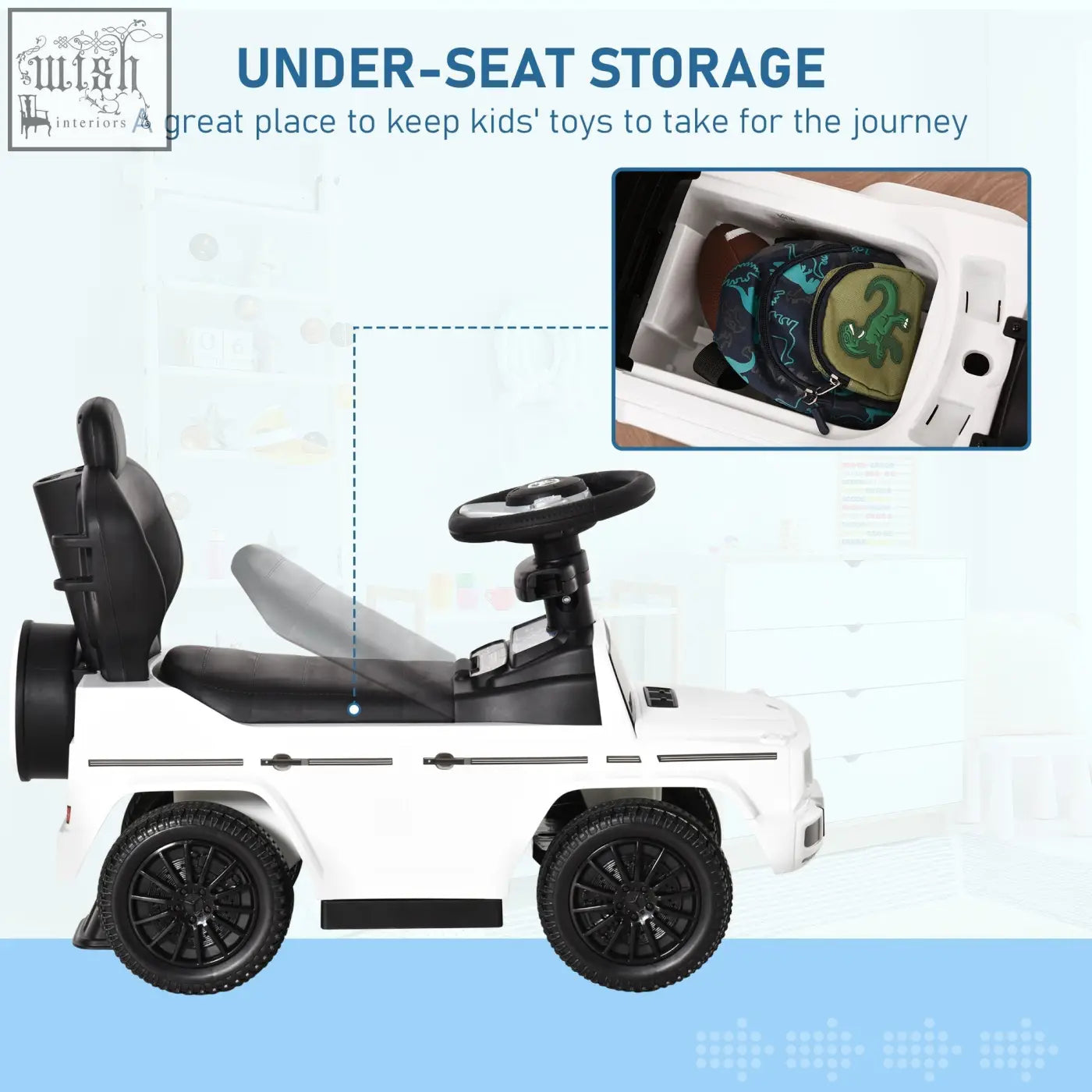 White homcom 3 in 1 sliding car with black seat and moving steering wheel manual push toddler ride on toy
