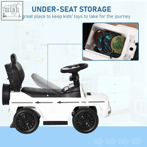 White homcom 3 in 1 sliding car with black seat and moving steering wheel manual push toddler ride on toy