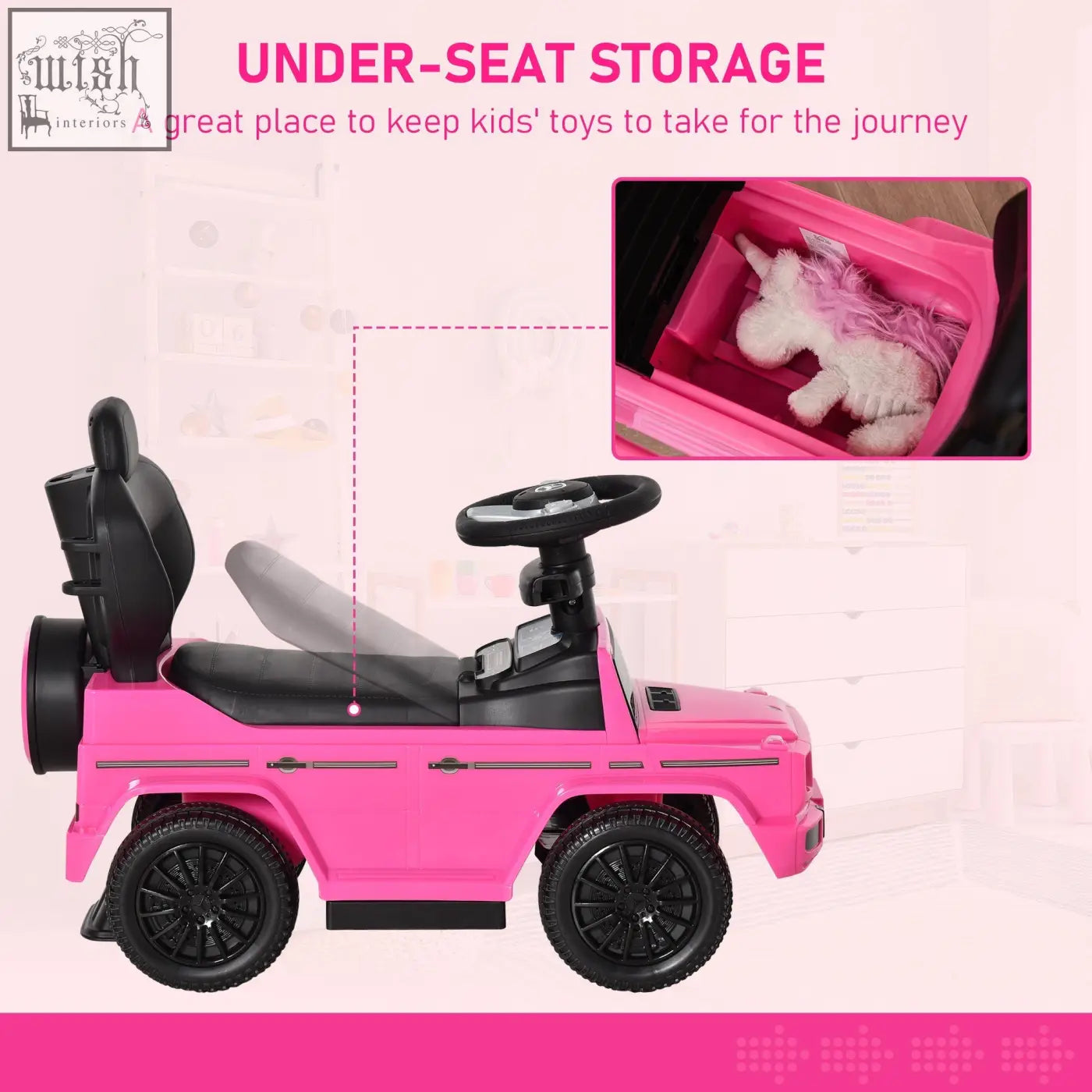 Pink homcom 3 in 1 kids sliding car with black seat and moving steering wheel modeled after mercedes benz g wagon