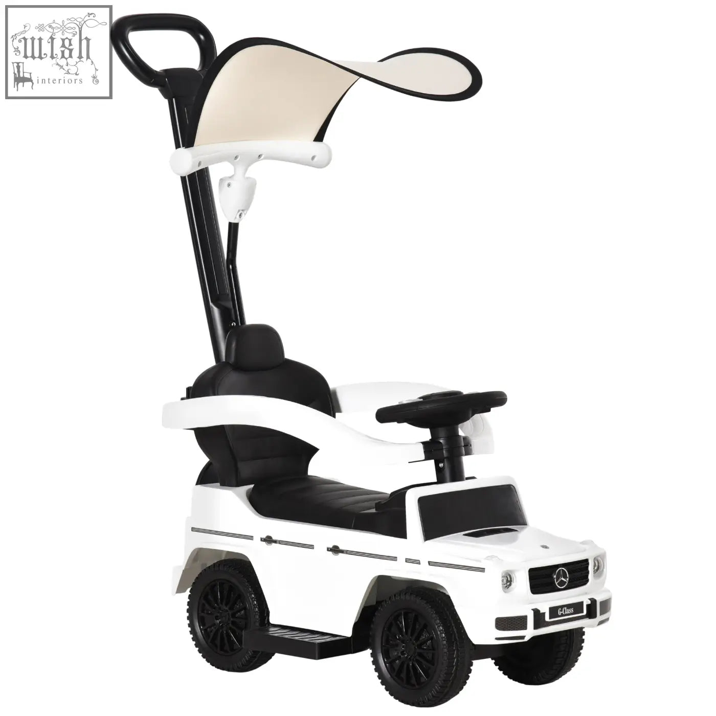 White and black mercedes g-class themed kids sliding car with canopy moving steering wheel and footrests by HOMCOM