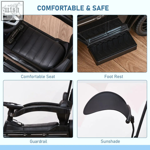 Black leather seat with stitched detail and footrest for homcom 3 in 1 kids sliding car with moving steering wheel