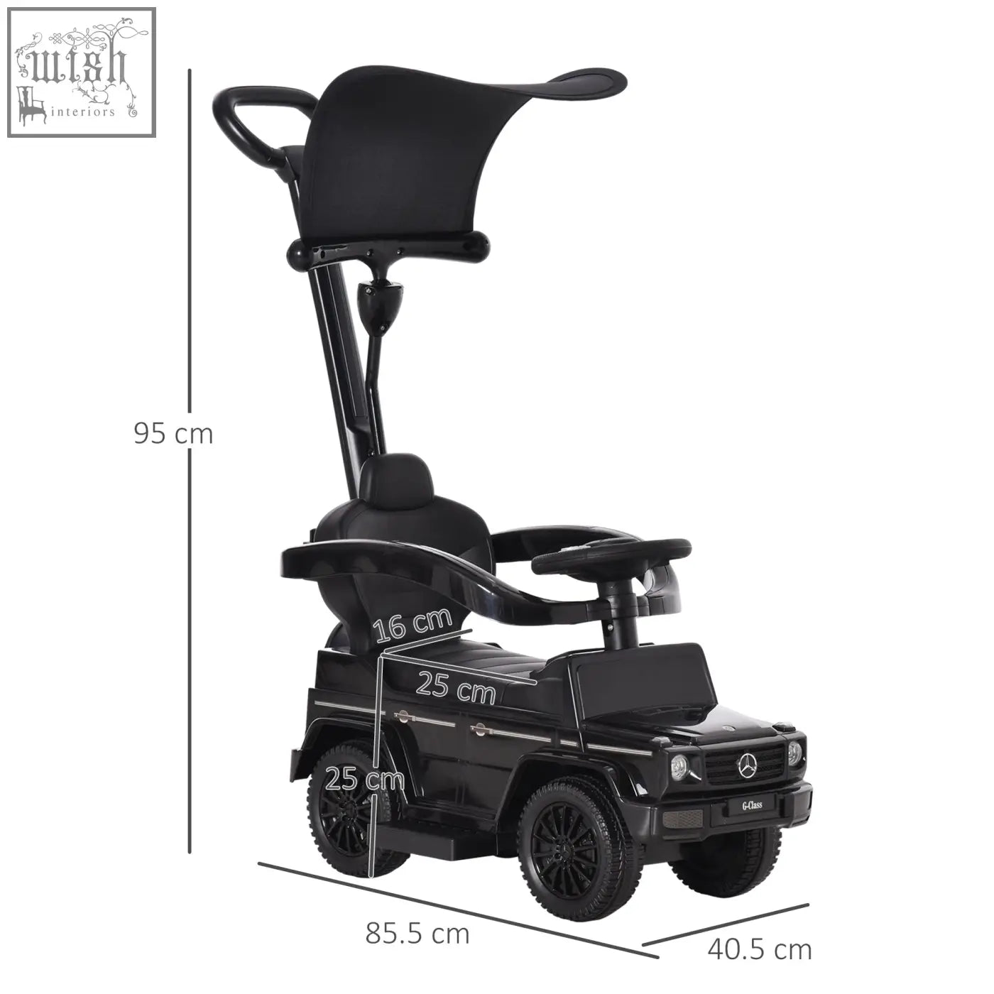 Black mercedes-benz g-wagon toddler ride-on sliding car with canopy and moving steering wheel by HOMCOM