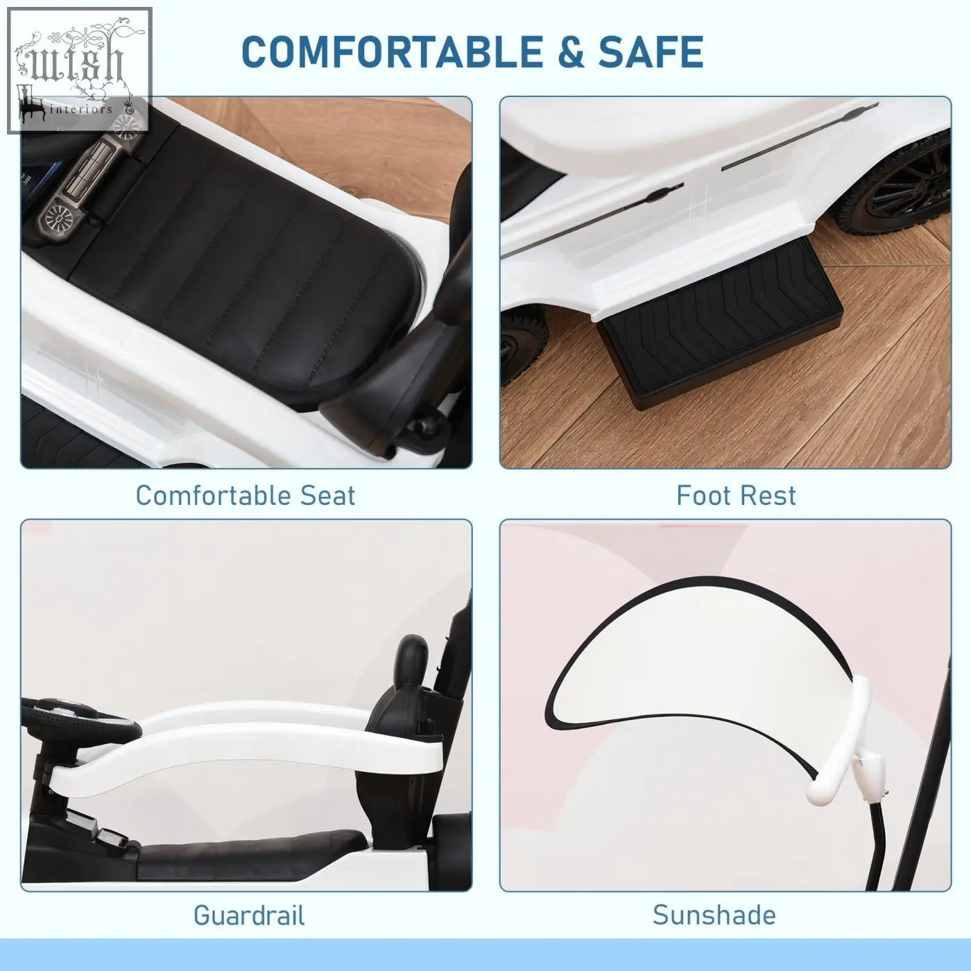 White and black homcom 3 in 1 kids sliding car with comfortable seat, moving steering wheel, footrest, and sunshade