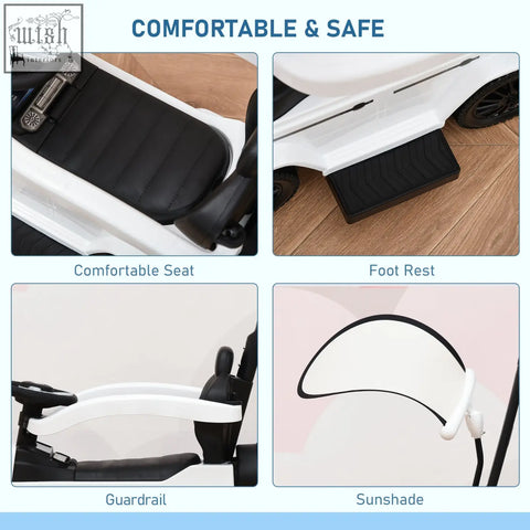 White and black homcom 3 in 1 kids sliding car with comfortable seat, moving steering wheel, footrest, and sunshade