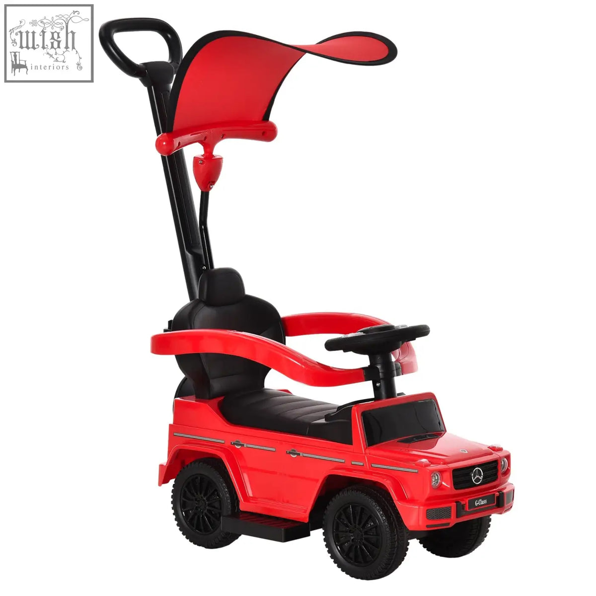 Red and black homcom g-class toddler ride-on sliding car with moving steering wheel canopy and seat manual push car