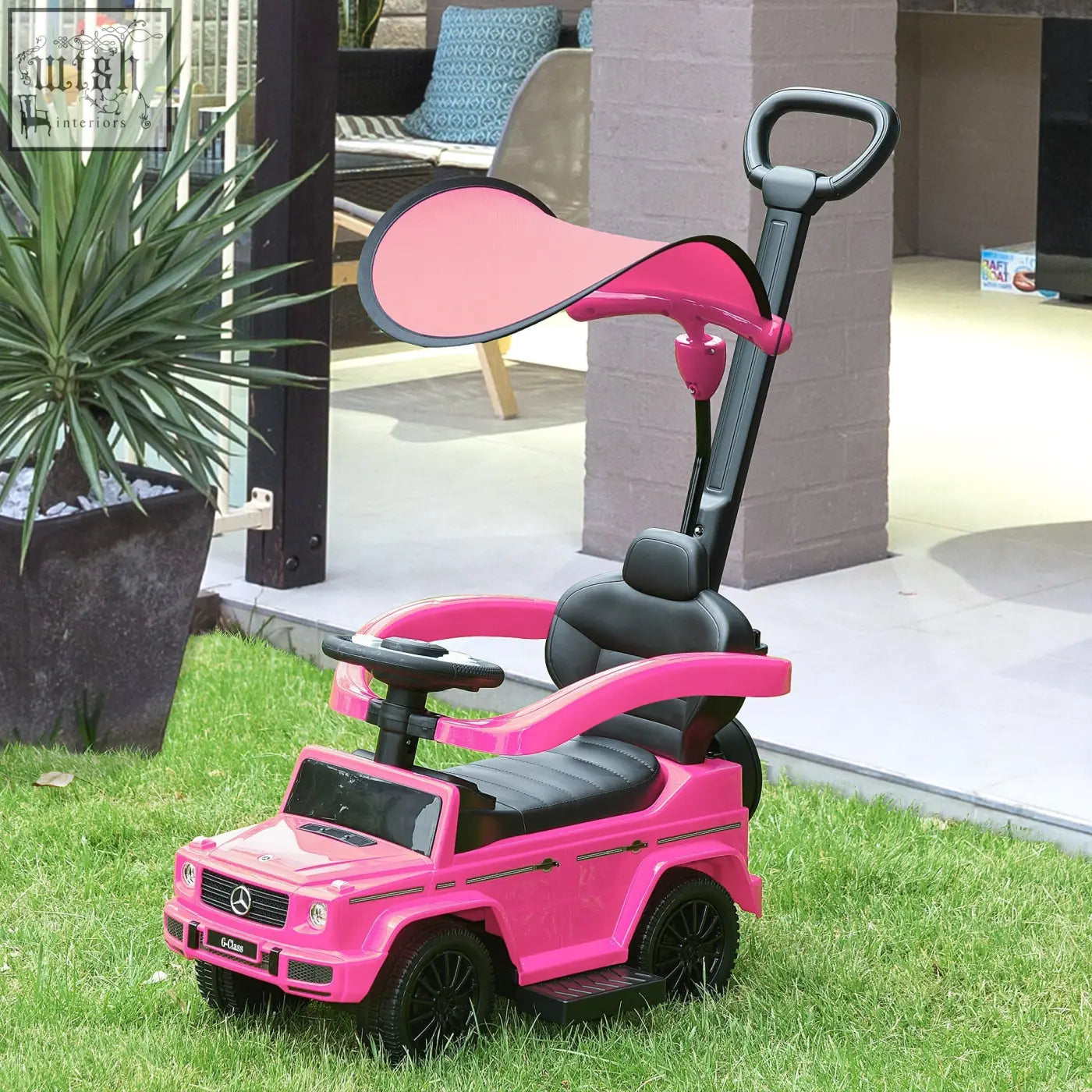 Pink and black homcom g-class kids ride on sliding car with canopy moving steering wheel and push handle