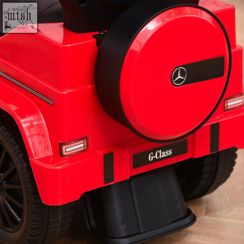 Red plastic homcom g-class sliding car toy with moving steering wheel and black spare tire cover logo