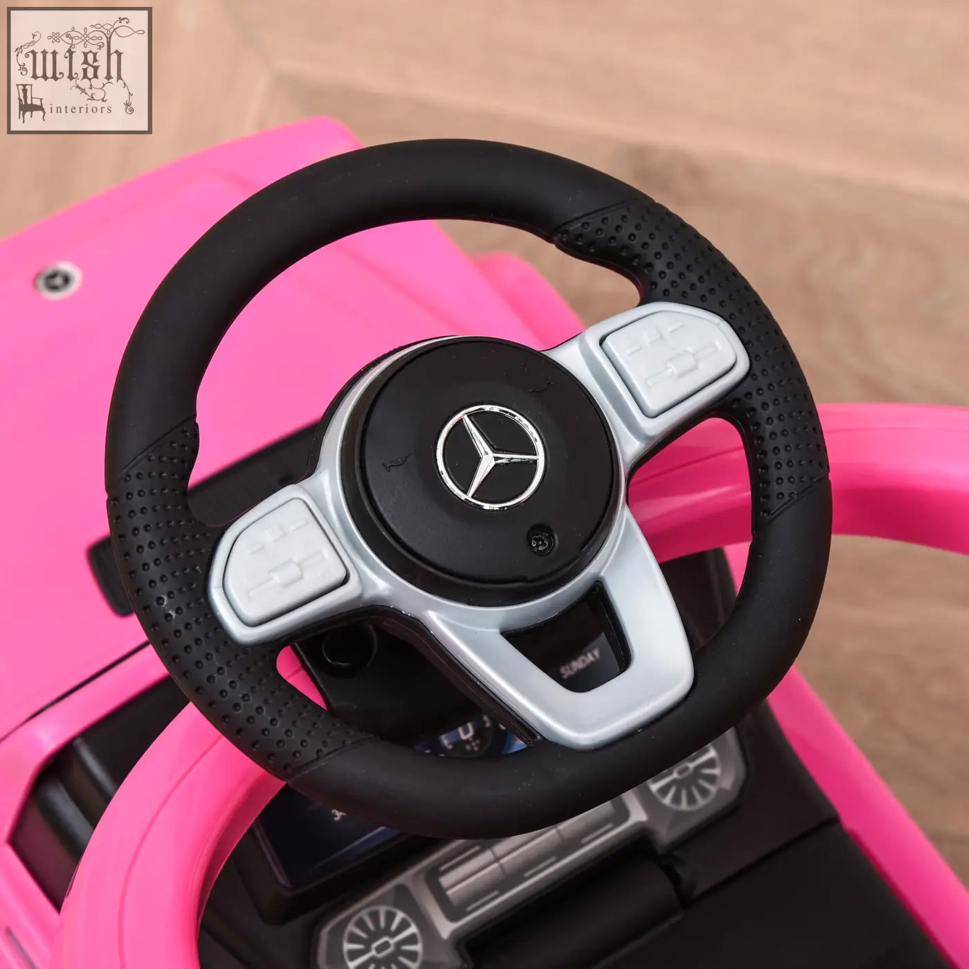 Pink homcom 3 in 1 kids sliding car with black silver mercedes-benz steering wheel and moving steering wheel feature
