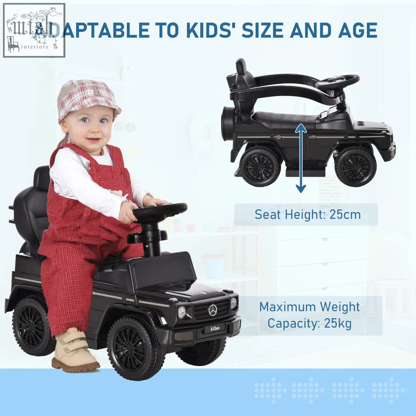 Black mercedes-benz g-class-themed kids sliding car with moving steering wheel and horn manual push-along toy