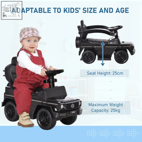 Black mercedes-benz g-class-themed kids sliding car with moving steering wheel and horn manual push-along toy