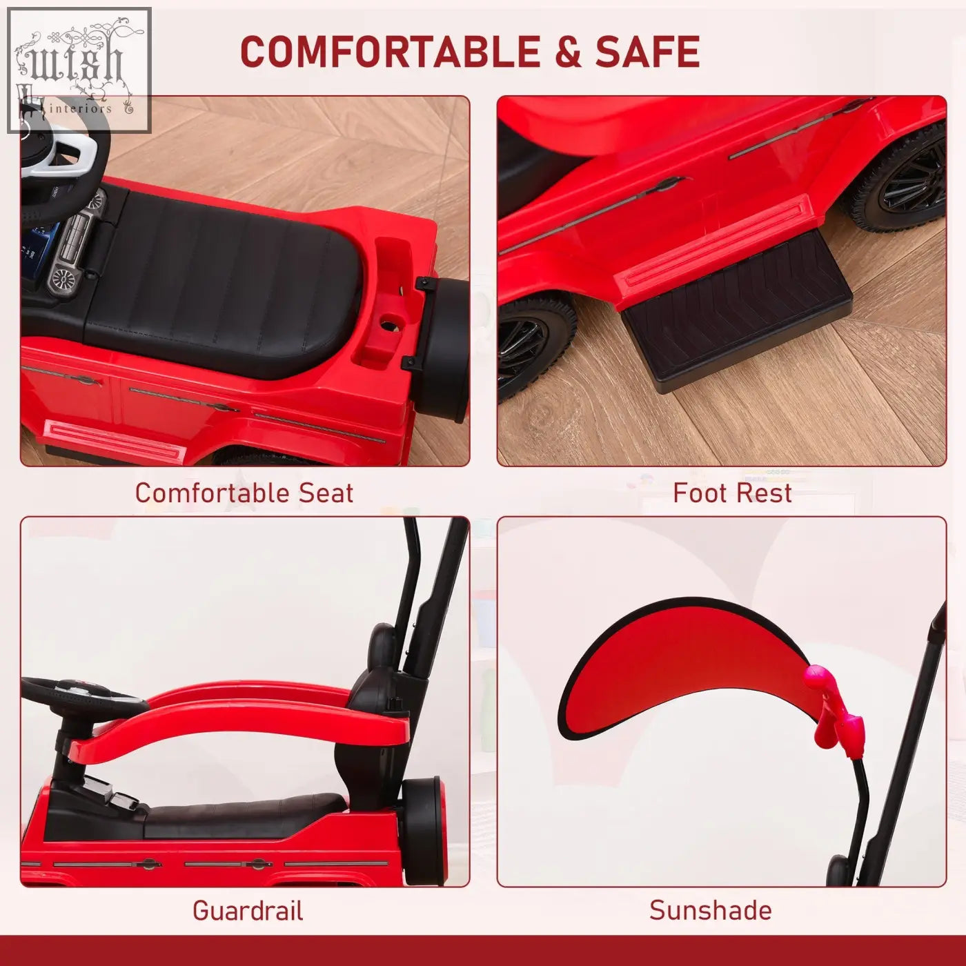 Red homcom 3 in 1 kids sliding car with moving steering wheel sunshade black seat and footrest manual push car