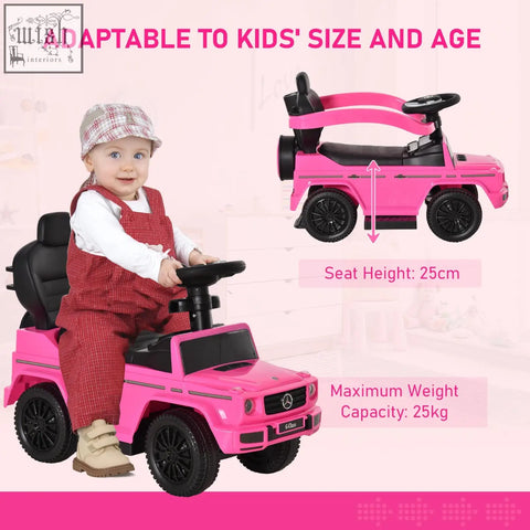 Pink homcom 3 in 1 kids sliding car with black accents and moving steering wheel featuring mercedes-benz logo