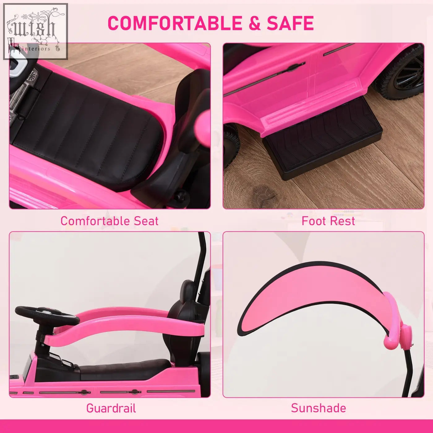 Pink homcom 3 in 1 kids sliding car with black padded seat sunshade and moving steering wheel manual push car