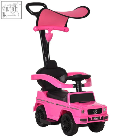 Pink and black homcom g-class toddler walker with seat handlebar wheels and moving steering wheel sliding car design