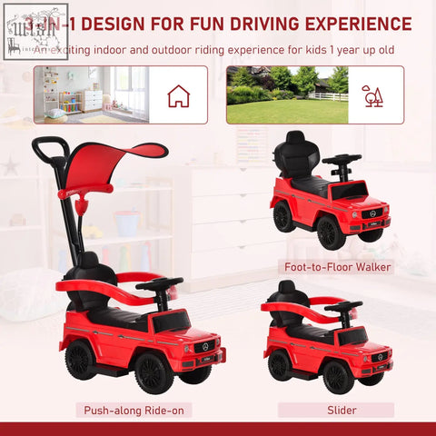 Red mercedes-benz g-wagon 3 in 1 sliding car for kids with black seats canopy and moving steering wheel manual push car