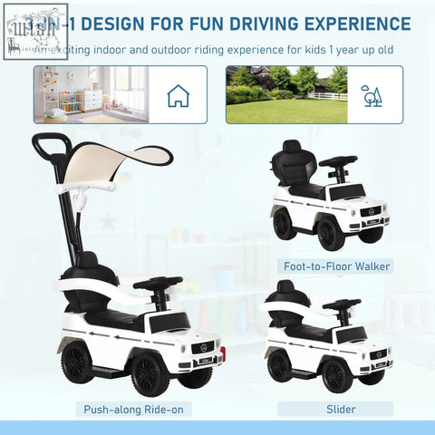 White mercedes-benz g-wagon-themed 3 in 1 sliding car with moving steering wheel and canopy for toddlers