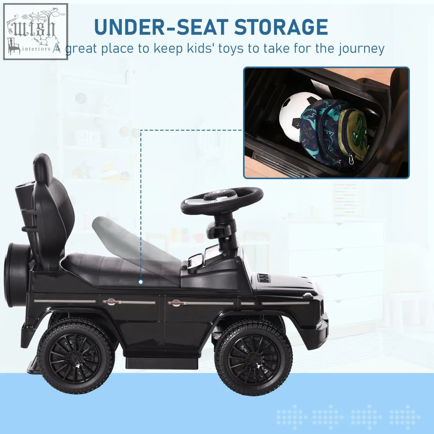 Black homcom 3 in 1 sliding car with moving steering wheel and mercedes benz g wagon design for toddlers