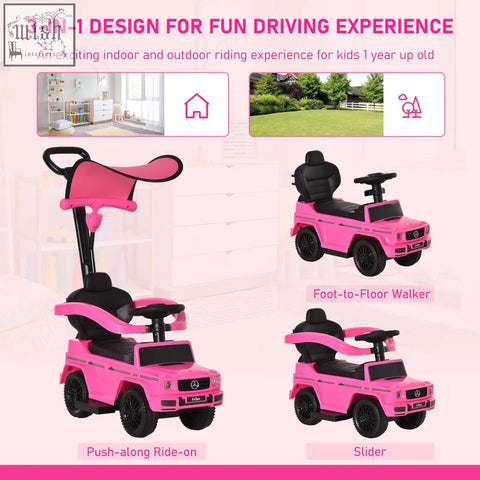 Pink mercedes-benz g-wagon-themed 3-in-1 kids sliding car with black wheels and moving steering wheel for toddlers