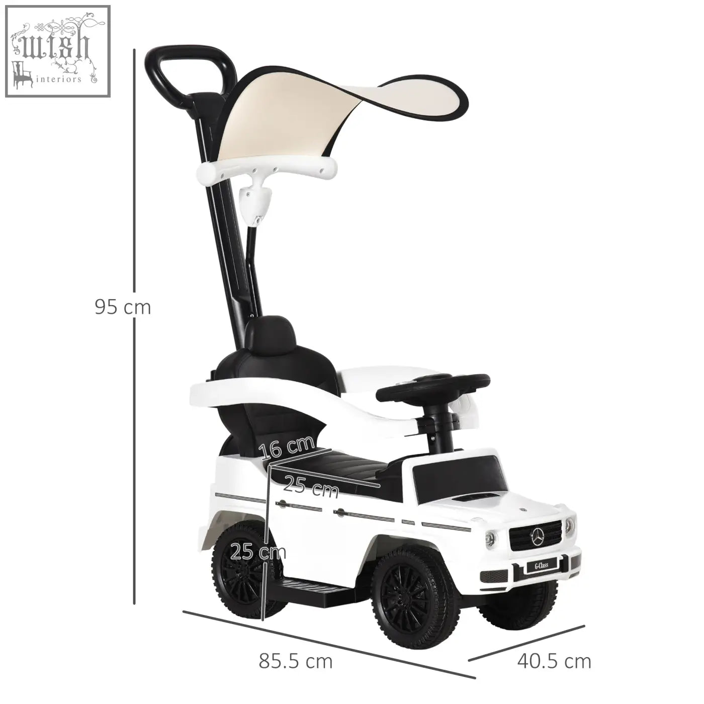 White and black mercedes-benz g-class themed toddler sliding car with canopy and moving steering wheel for kids