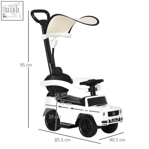 White and black mercedes-benz g-class themed toddler sliding car with canopy and moving steering wheel for kids