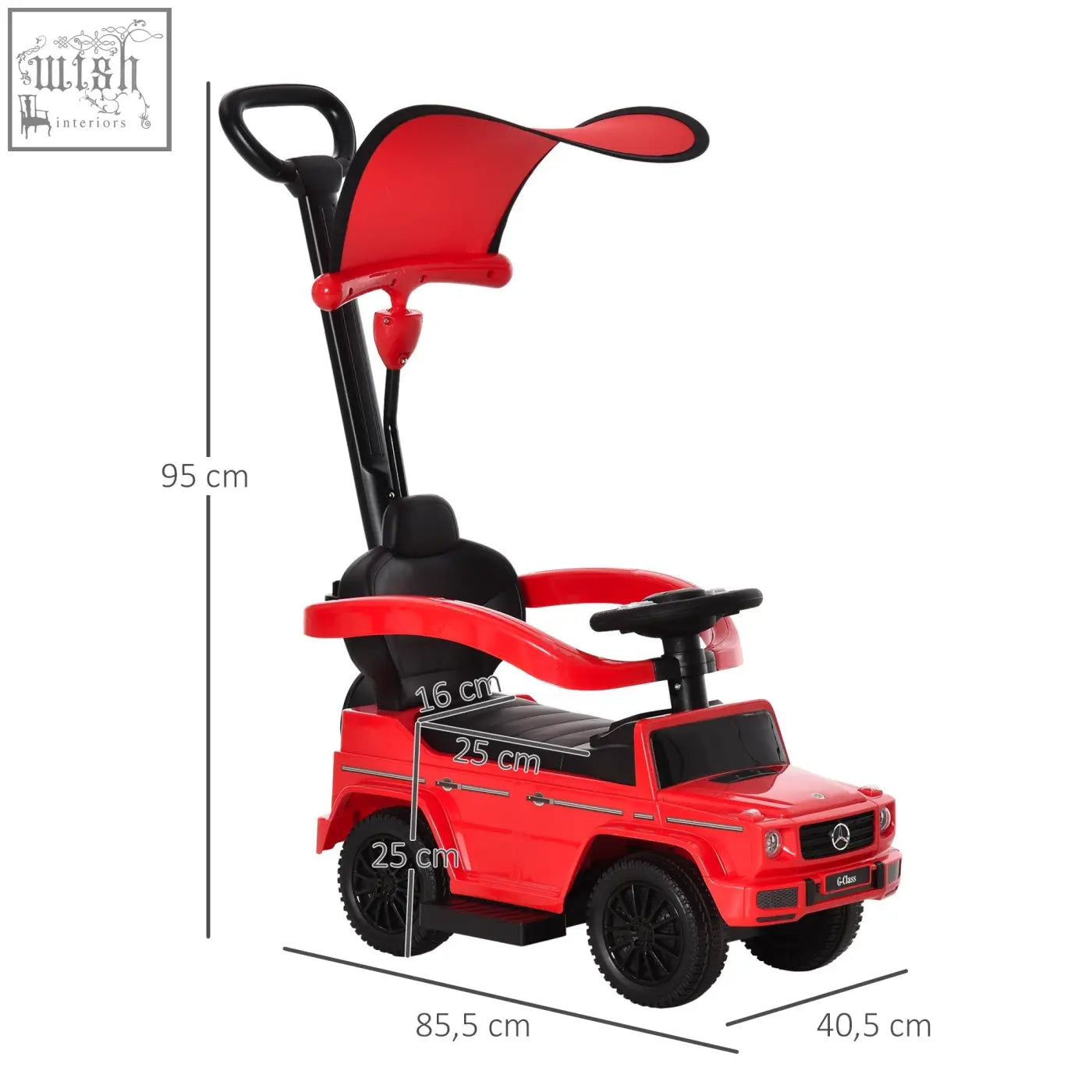 Red and black mercedes-benz g-class toddler ride-on sliding car with canopy, moving steering wheel, and push handle