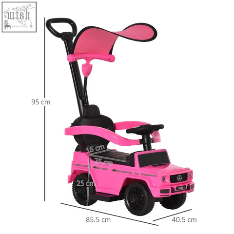 Pink and black homcom 3 in 1 toddler sliding car with canopy handle and moving steering wheel without power