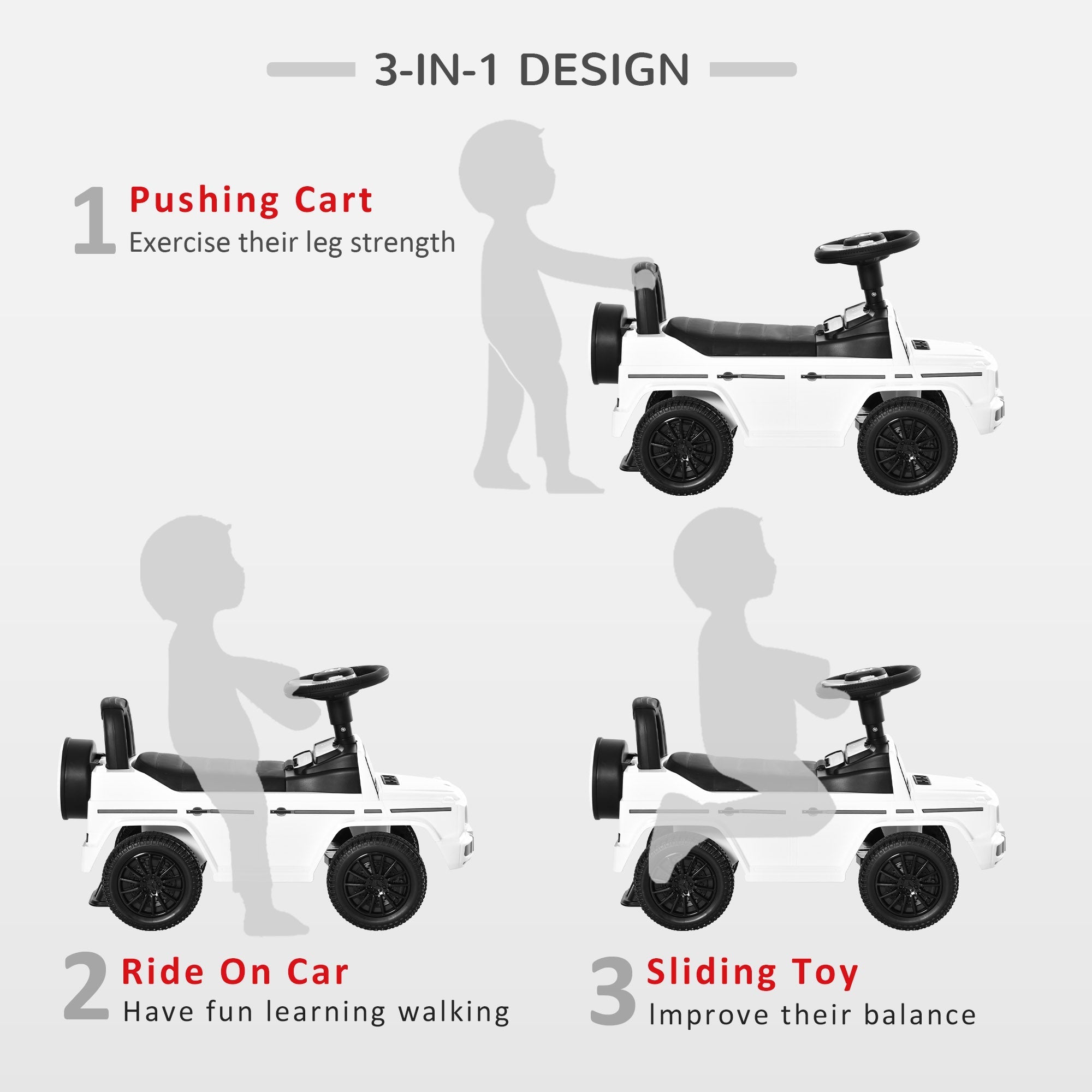 White and black homcom 3 in 1 kids ride on car with steering wheel under-seat storage and foot-to-floor design