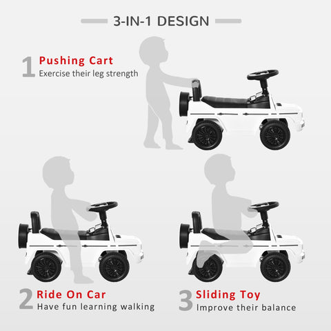 White and black homcom 3 in 1 kids ride on car with steering wheel under-seat storage and foot-to-floor design