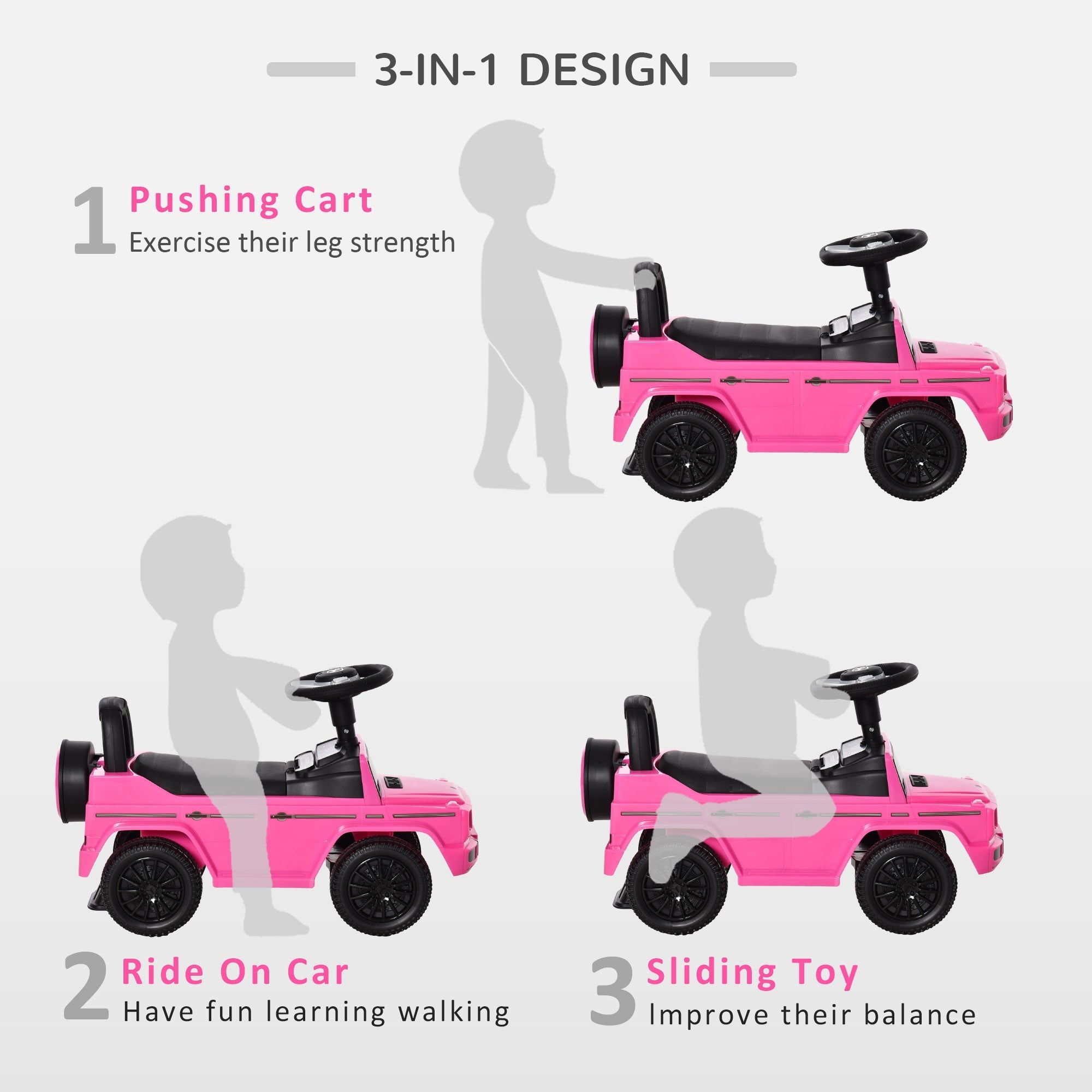 Bright pink homcom 3 in 1 kids ride on car with black wheels, foot to floor design, steering wheel, and under-seat storage