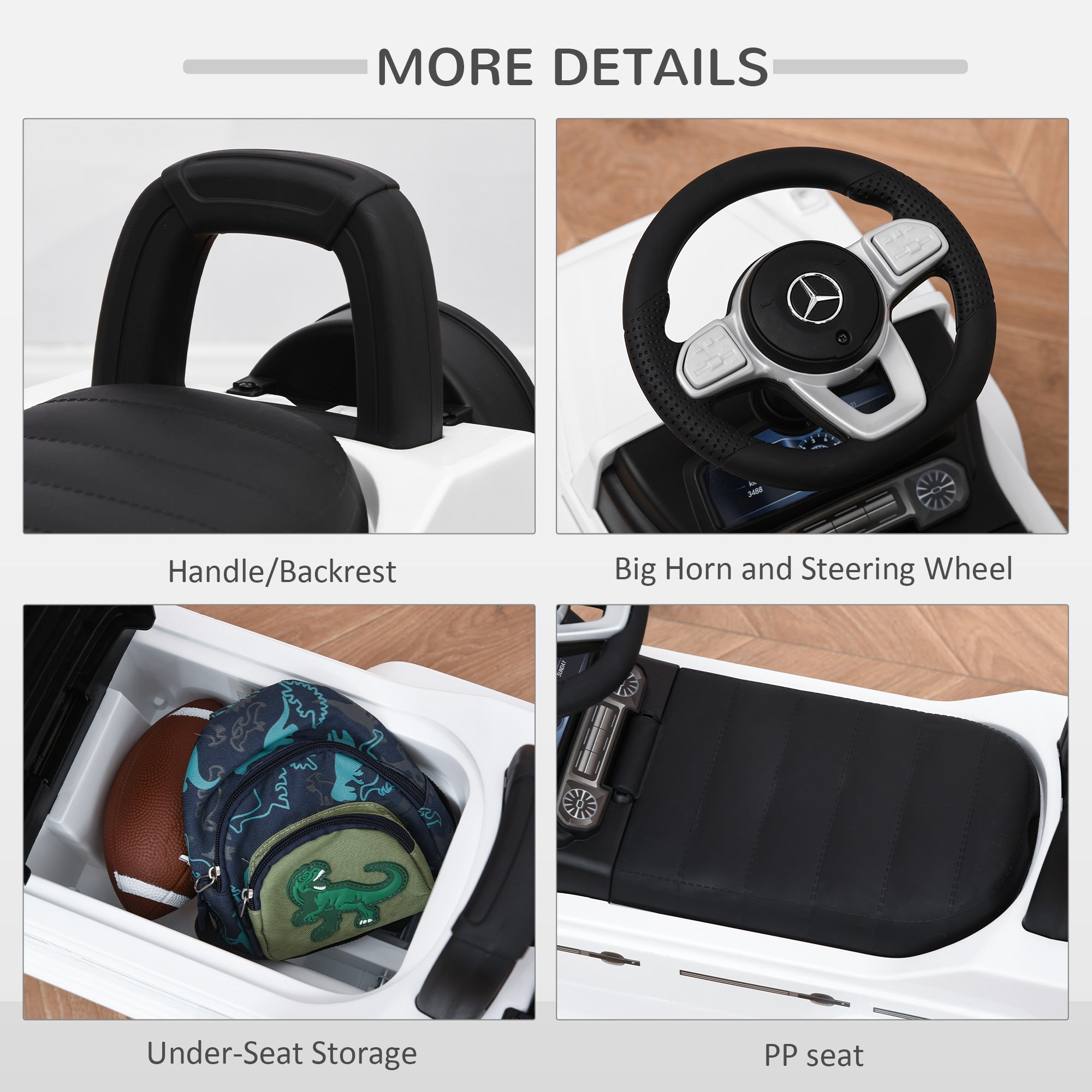 White and black kids electric ride-on car with mercedes-benz steering wheel and under-seat storage foot-to-floor design