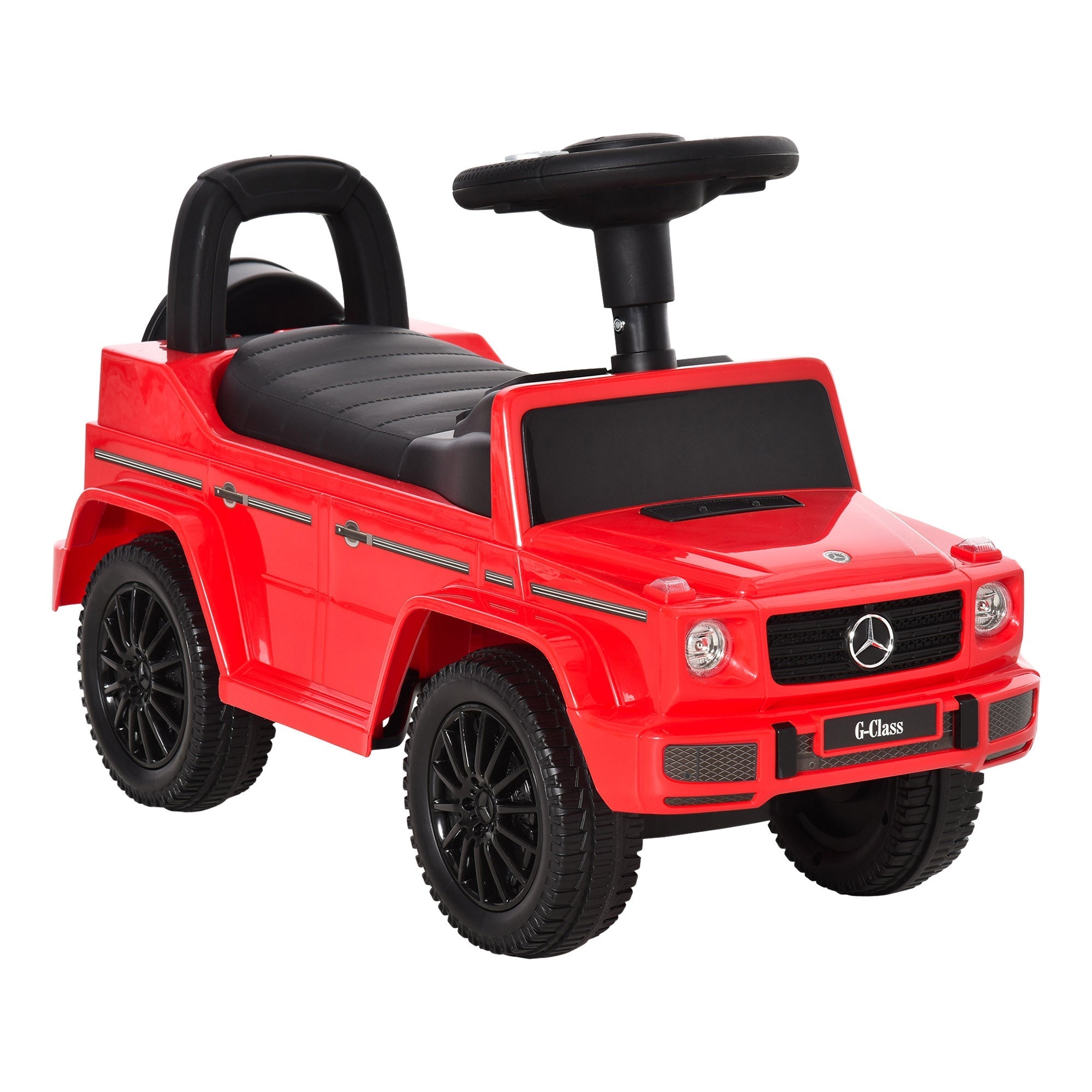 Red plastic mercedes-benz g-class ride-on toy car with black steering wheel under-seat storage and foot-to-floor design