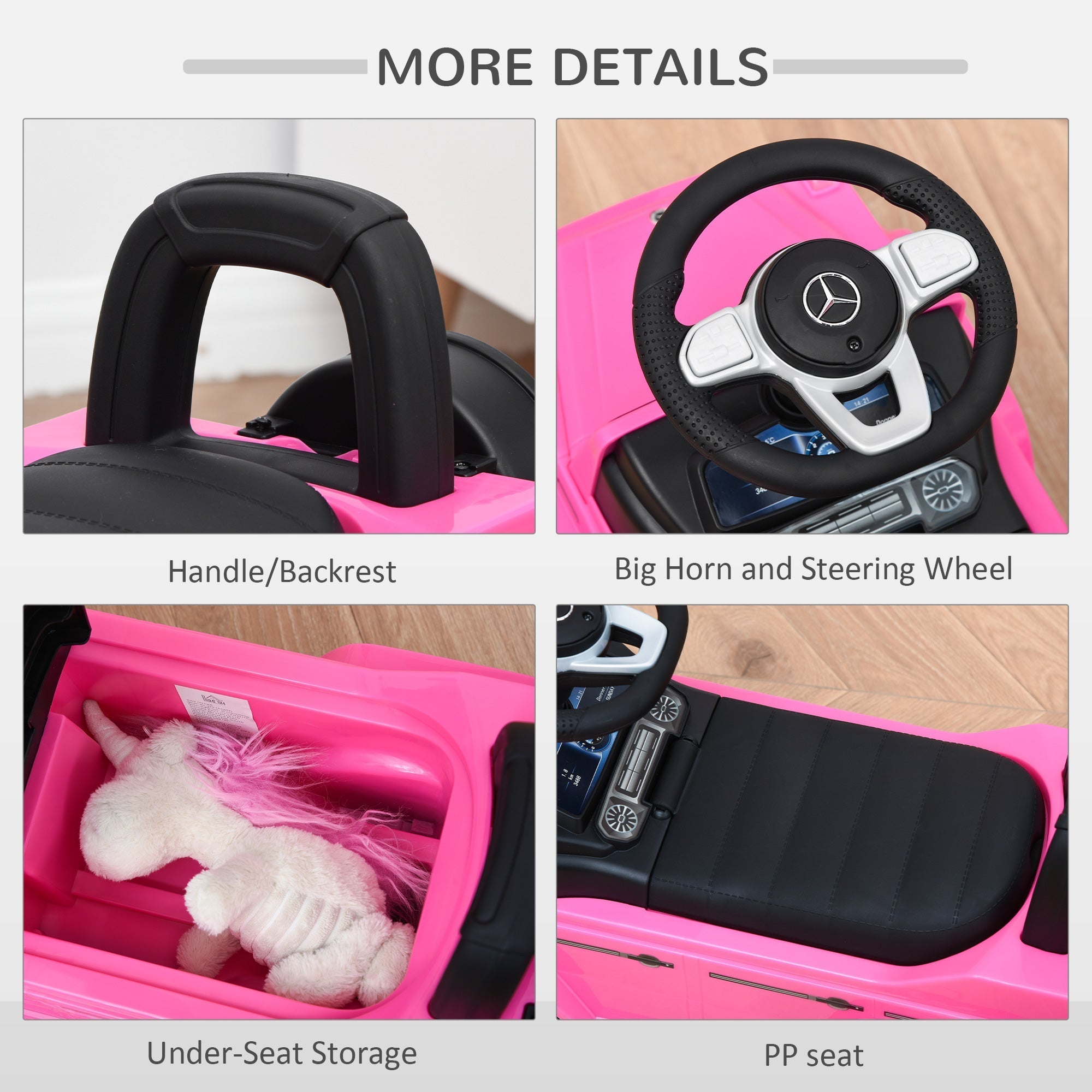 Pink HOMCOM 3 in 1 kids ride on car with steering wheel, foot-to-floor design, black handle, and PP seat for toddlers