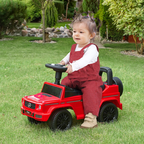Red plastic homcom 3 in 1 kids ride on car with foot to floor design steering wheel and under-seat storage
