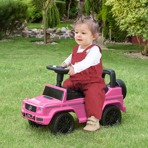 Pink homcom 3 in 1 kids ride on car with black wheels steering wheel under-seat storage and foot-to-floor design