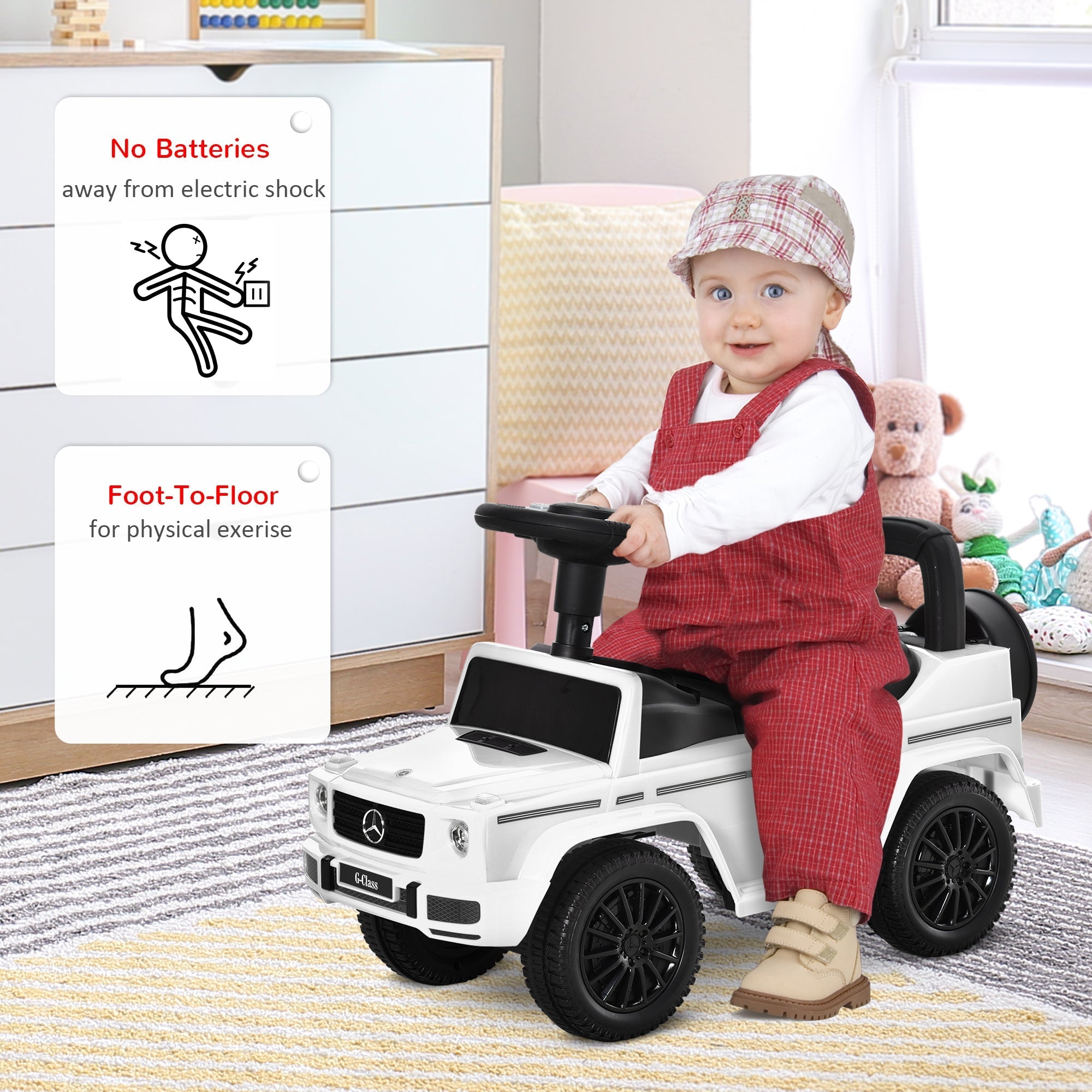 White mercedes-benz g-wagon style homcom 3 in 1 kids ride on car with black wheels, steering wheel, and under-seat storage