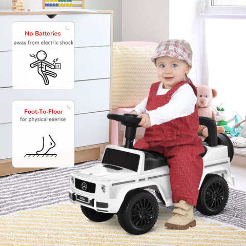 White mercedes-benz g-wagon style homcom 3 in 1 kids ride on car with black wheels, steering wheel, and under-seat storage