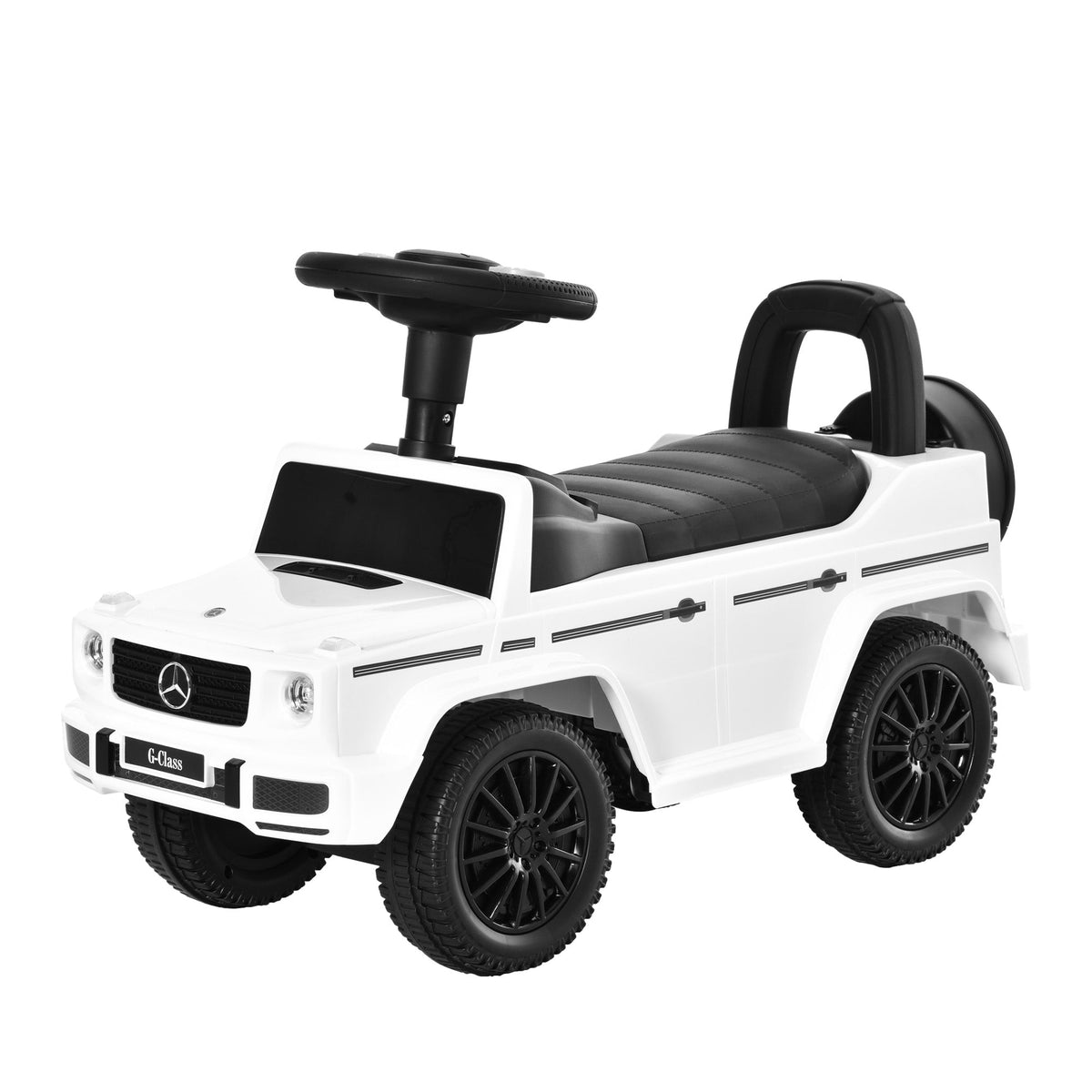 White and black mercedes g-class themed kids ride on car with steering wheel padded seat under-seat storage and foot-to-floor design