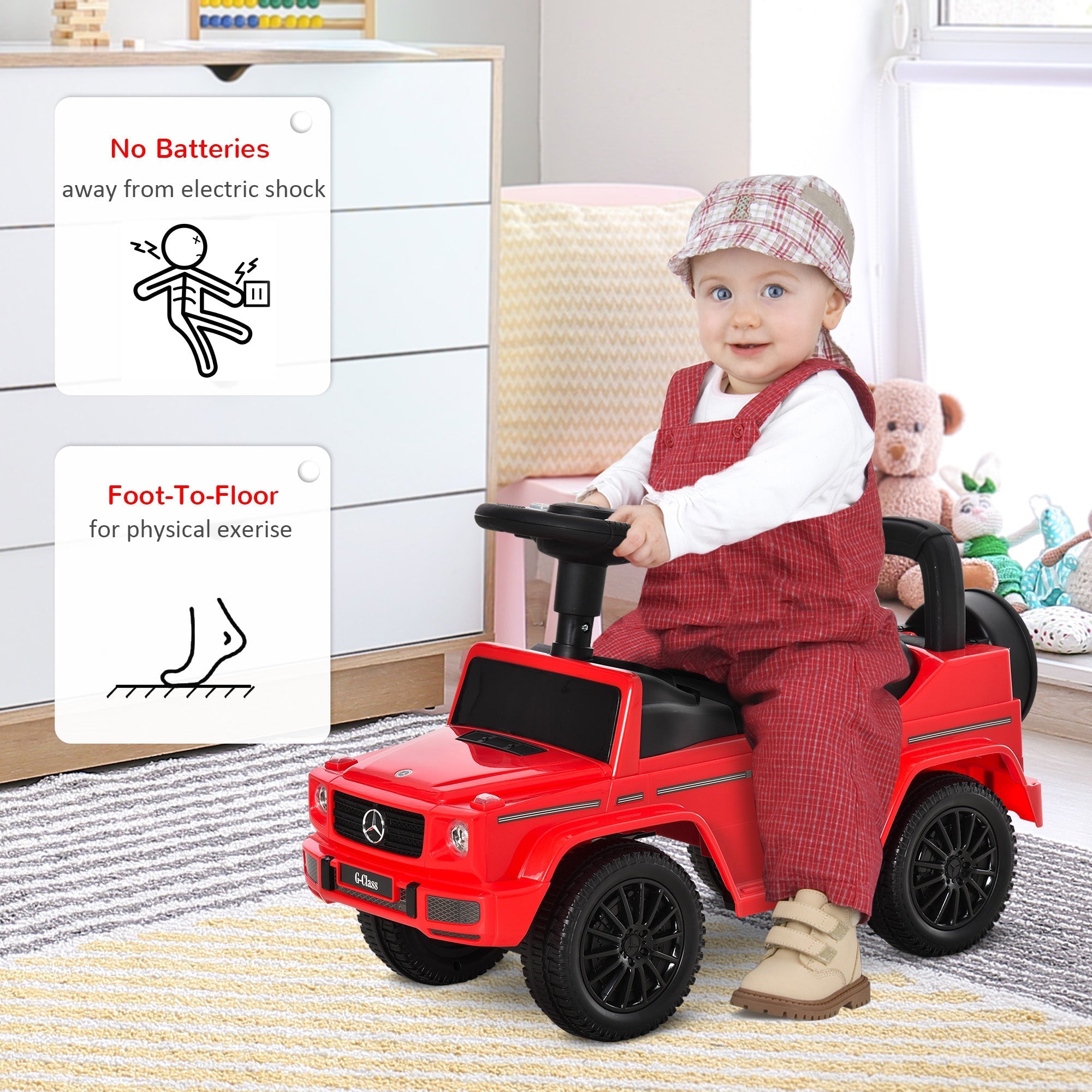 Red homcom 3 in 1 kids ride on toy truck with foot-to-floor design, steering wheel, under-seat storage, and mercedes-benz logo