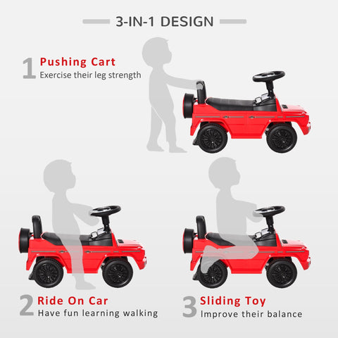 Red plastic homcom 3 in 1 toddler ride-on car with under-seat storage, steering wheel, and foot-to-floor design